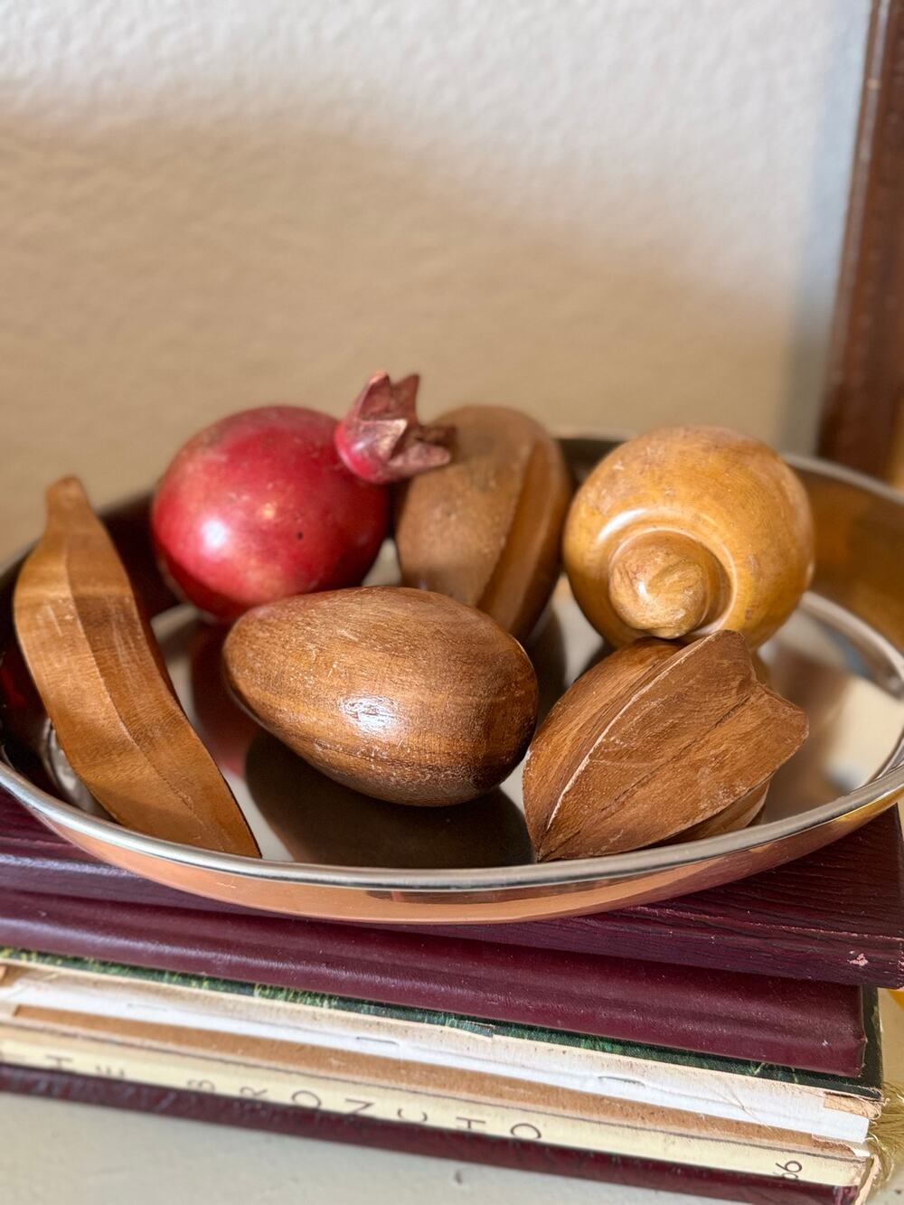 Vintage Hand Carved Wooden Fruit Set Mid Century Tropical Fruit Pomegranate